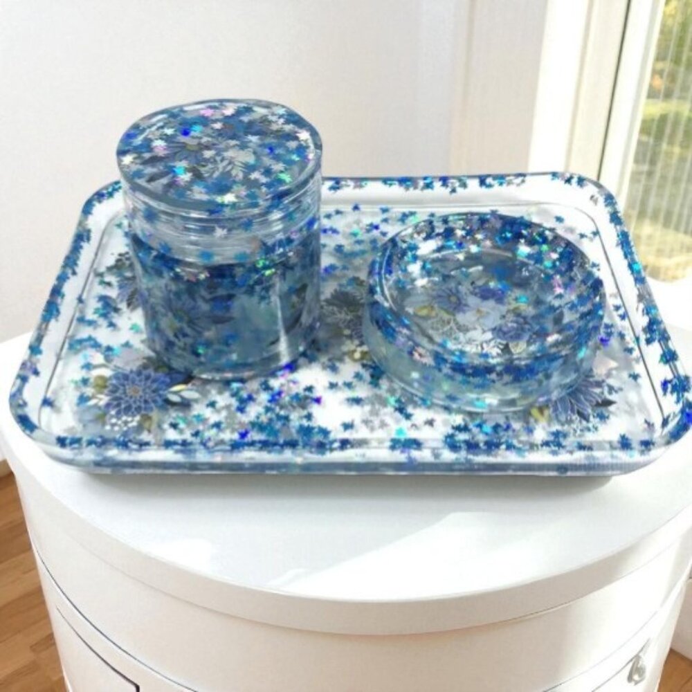 Resin Tray Set Blue Flowers Rolling Tray Jar with Lid Ashtray